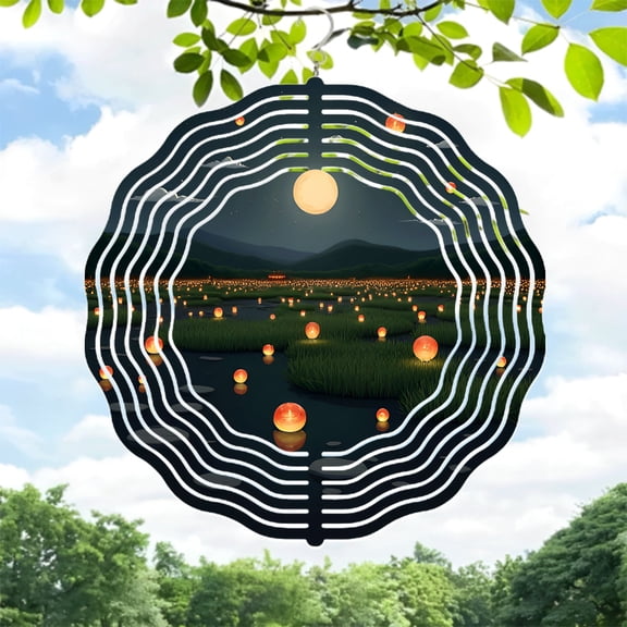 Serene Metal Hanging Wind Spinners & Chimes - Circular Design with Lanterns & Moonlight Pattern for Yard & Garden Decor