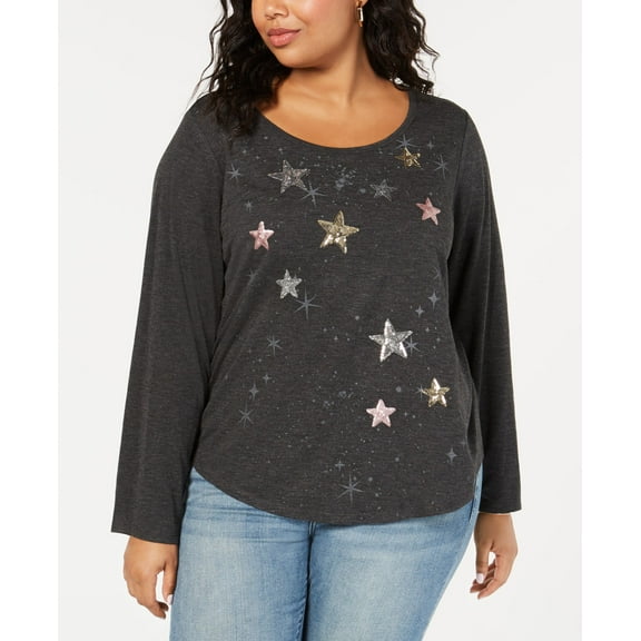 Style & Co Plus Size Sequined Graphic Print Top Darkgray 0X