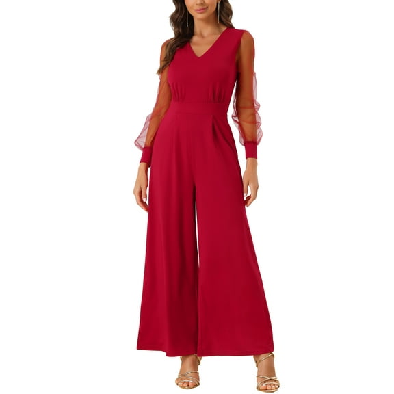 INSPIRE CHIC Women's Jumpsuits V Neck Mesh Long Sleeve Wide Leg Party Rompers XL Red