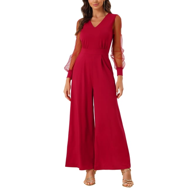 INSPIRAR CHIC Mono de Mujer Cuello en V Malla de Manga Larga Pantalones Anchos Rompers Fiesta L Rojo