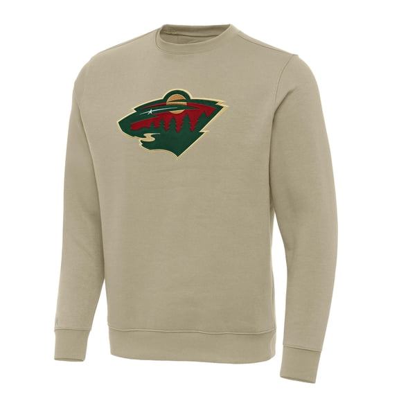 Men's Antigua Khaki Minnesota Wild Victory Crewneck Pullover Sweatshirt