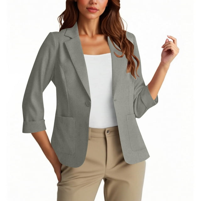 HongQid Blazer Décontracté pour Femmes à un Bouton devant, Manches 3/4 Froncées, Col Cranté, Léger pour Bureau avec Poches
