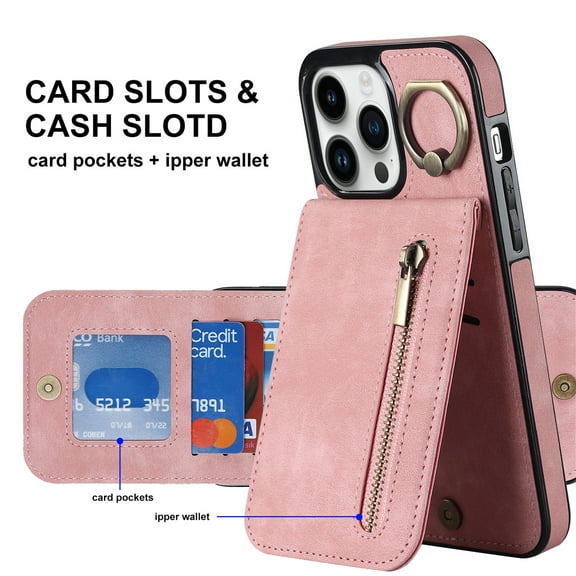Decase Back Zipper Wallet Case for iPhone 14 Pro, with 360 Rotation Ring Kickstand RFID Blocking Credit Card Holder PU Leather Protective Cover for Women Men, pink