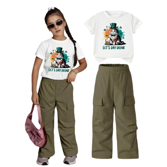 MEZZALL Girls Outfit Sets Short Sleeve Tops And Cargo Shorts Two Piece Playwear With Cute Cartoon Print Breathable Casual Versatile Kids Outfit Sets Everyday Wear