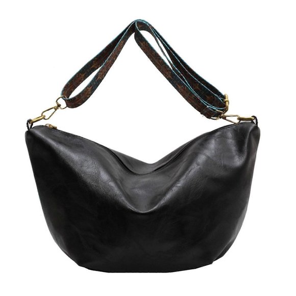 Black PU Leather Women's Shoulder Bag, Large Capacity with Wide Strap