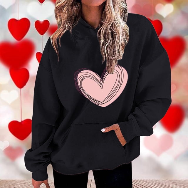 Jsaierl Sweat à Capuche Surdimensionné pour la Saint-Valentin pour Femmes Imprimé Cœur Ample avec Poches Manches Longues Décontracté