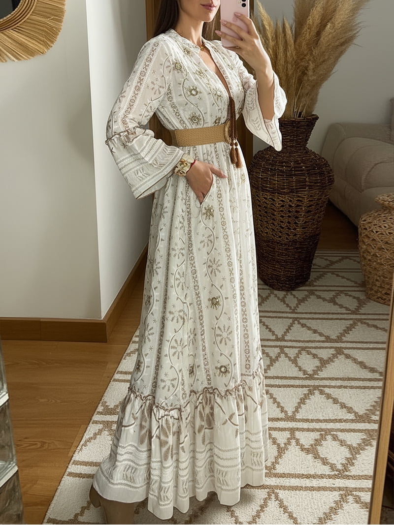 Zanvylia Bohemian White Lace Maxi Dress, V-Neck Long Bell Sleeve Waist Belt Semi-Sheer Floral Embroidery Vacation Dress, Women's, Size: 5XL Zanvylia Bohemian White Lace Maxi Dress, V-Neck Long Bell Sleeve Waist Belt Semi-Sheer Floral Embroidery Vacation Dress, Women's, Size: 5XL