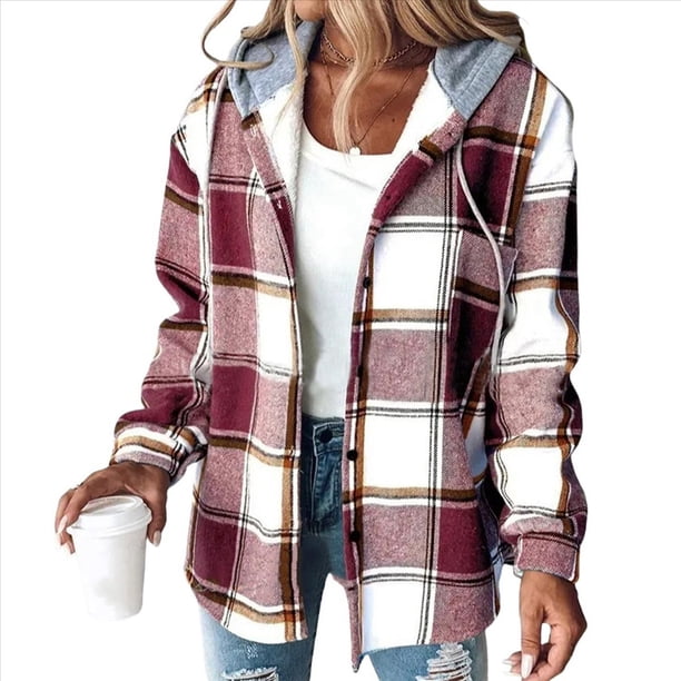 Camisas A Cuadros para Mujer, Chaqueta de Larga con Botones y Forro , Sudadera con Capucha, Blusa Informal de Moda. Rojo Ladrillo S