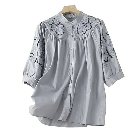 Alkepwun Summer Hollow Lace Linen Shirts for Women Dressy Casual Tops Button Down Shirt Hollow Out Half Puff Sleeve Blouse