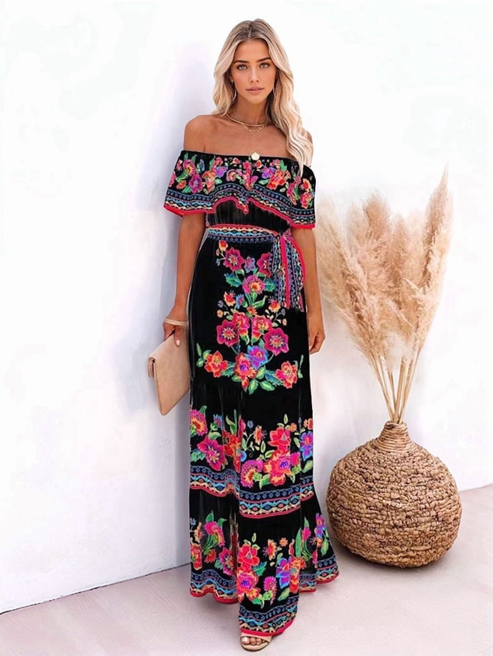 Women'S Mexican Dress Summer Floral Print Off the Shoulder Sleeveless Beach Long Maxi Dress Black & Red L
