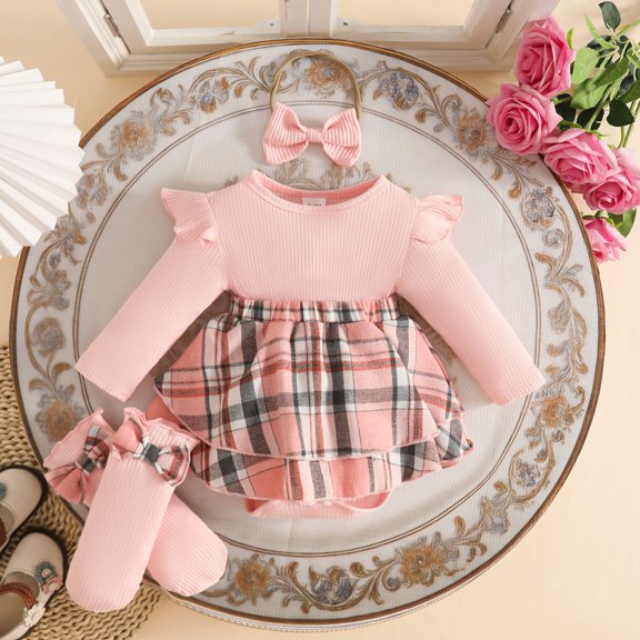 Glisme Girl Outfits O Neck Long Sleeve Cartoon Prints Bodysuits Dress Headbands Set Adorable Newborn Playsuit Pink