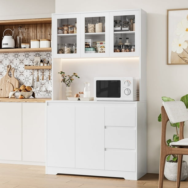 Homfa 70.9'' Kitchen Pantry Cabinet with Charging Station and LED Light, 3 Drawers Buffet Storage Cabinet with Glass Doors and Adjustable Shelves, White Homfa 70.9'' Kitchen Pantry Cabinet with Charging Station and LED Light, 3 Drawers Buffet Storage Cabinet with Glass Doors and Adjustable Shelves, White - Image 3