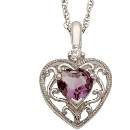 CZ and Amethyst Sterling Silver Milgrain Heart Pendant, 18"
