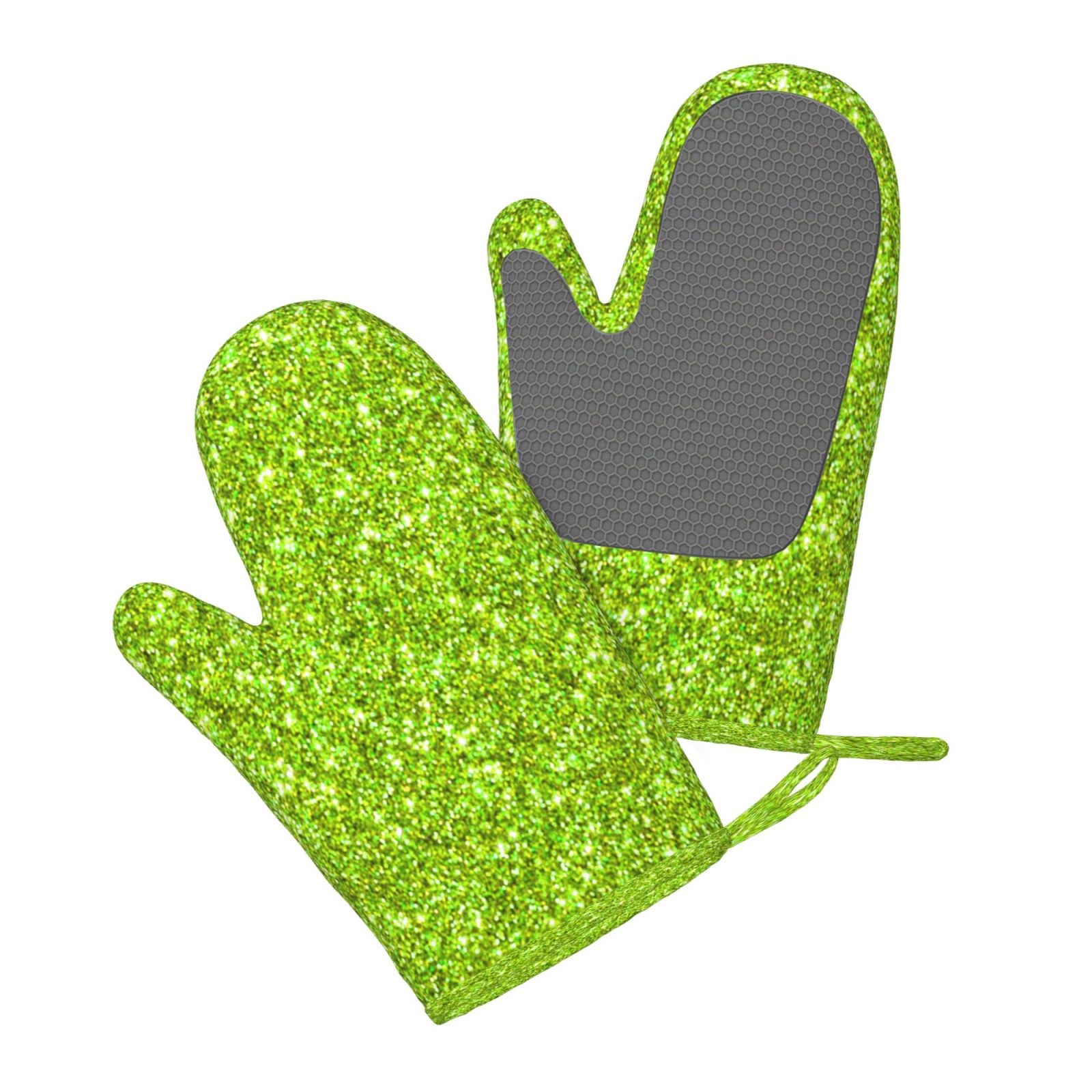 Hirioo Lime green glitter for Silicone Oven Mitts for BBQ, Baking, Cooking, Set of 2, Heat Resistant 260℃, Non-Slip Kitchen Essentials