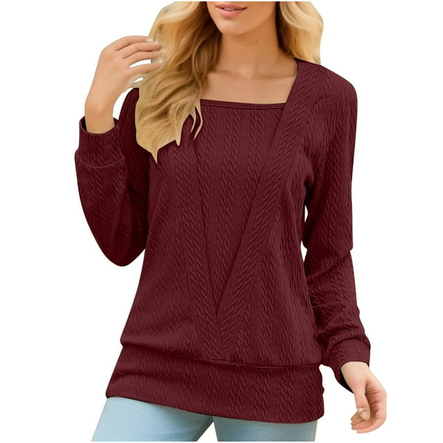 Swstbby Soldes d'Automne! Hauts d'Automne pour Femmes Grande Taille, T-shirt Décontracté Uni à Manches Longues Rouge TTG