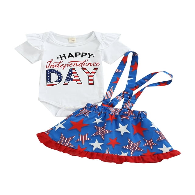 Newborn Girl Independence Day Skirts Outfits Short Sleeve Letter Printed Romper+ Star Pattern Suspenders Skirts Set