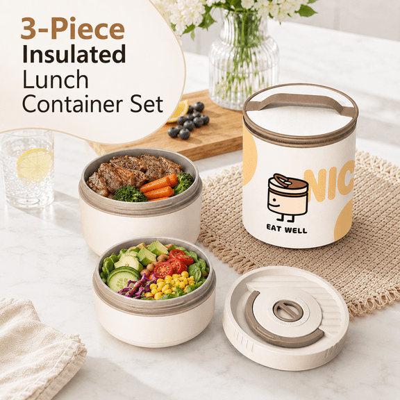 VALUNE Stackable Round Stainless Steel Bento Lunch Box White 450ml&600ml Removable 304 Steel Liners with Insulated Storage Bag