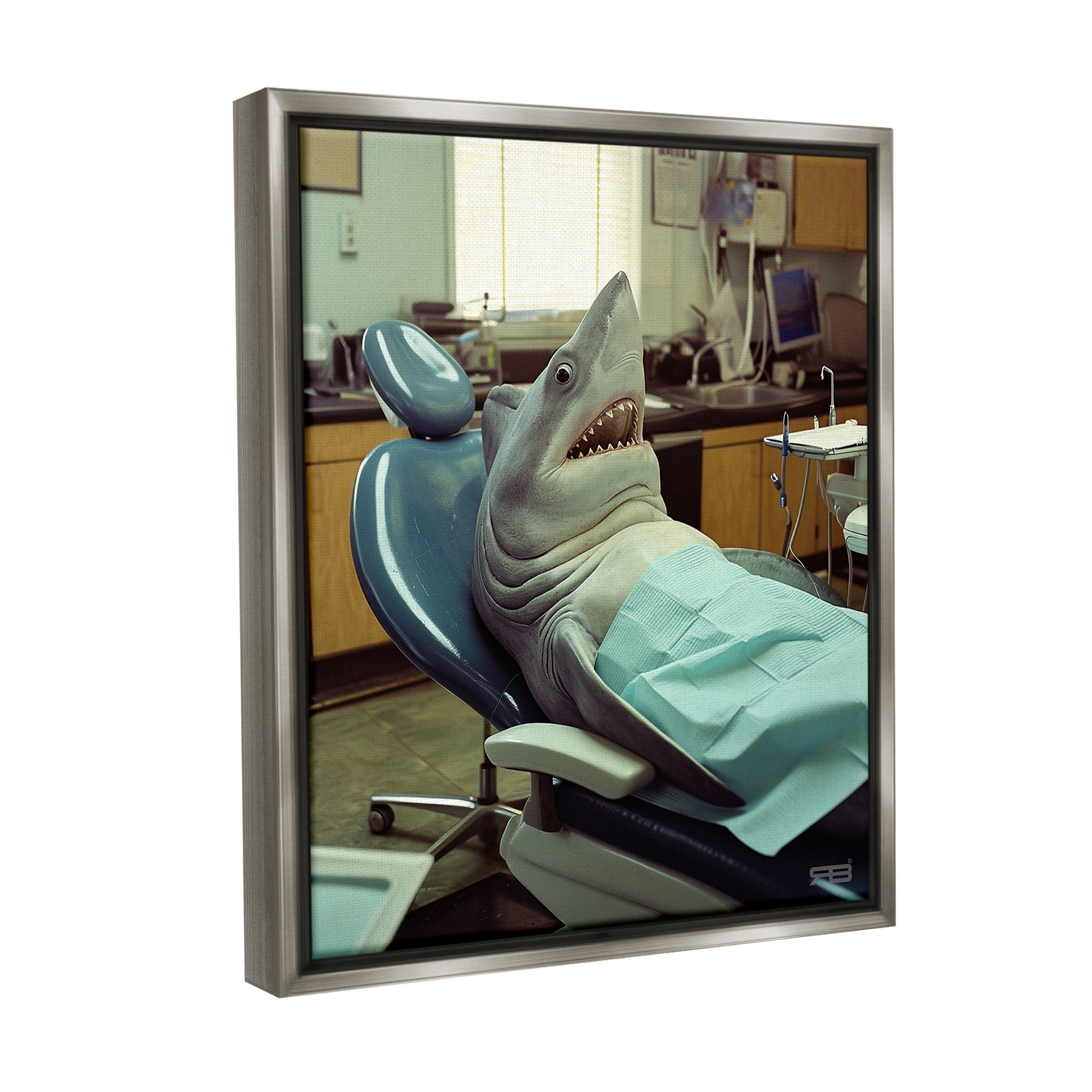 Stupell Industries Shark at Dentist Animals & Insects Painting Gray Floater Framed Canvas Art Print Wall Art, 17 x 21