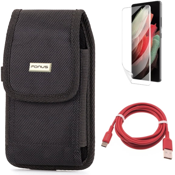Matte Screen Protector & Case Belt Clip & 6ft USB-C Cable for Samsung Galaxy S22 Plus (S22 ) - Combo TPU Film Anti-Glare & Rugged Holster & Red Charger Cord Power