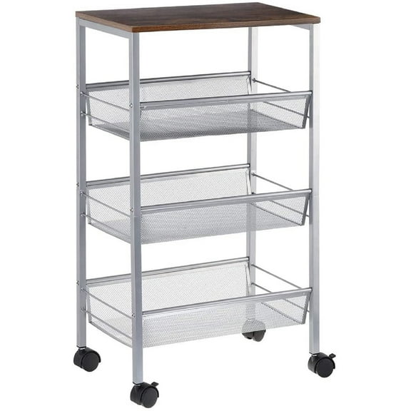 NEX 3-Tier Rustic Kitchen Cart MDF Wood Top and Metal Frame, Silver