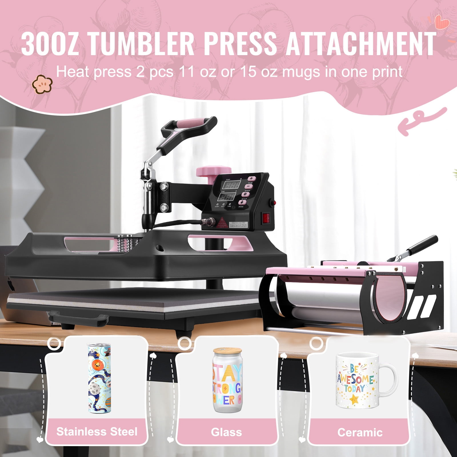KFFKFF 15 x 15 inch Heat Press Machine, 8-in-1 Heat Transfer Equipment with 30 oz Tumbler Attachment, 360° Swing-Away Digital Press, Teflon-Coated Surface, Suitable for T-Shirts, Mugs, Hats, Plates