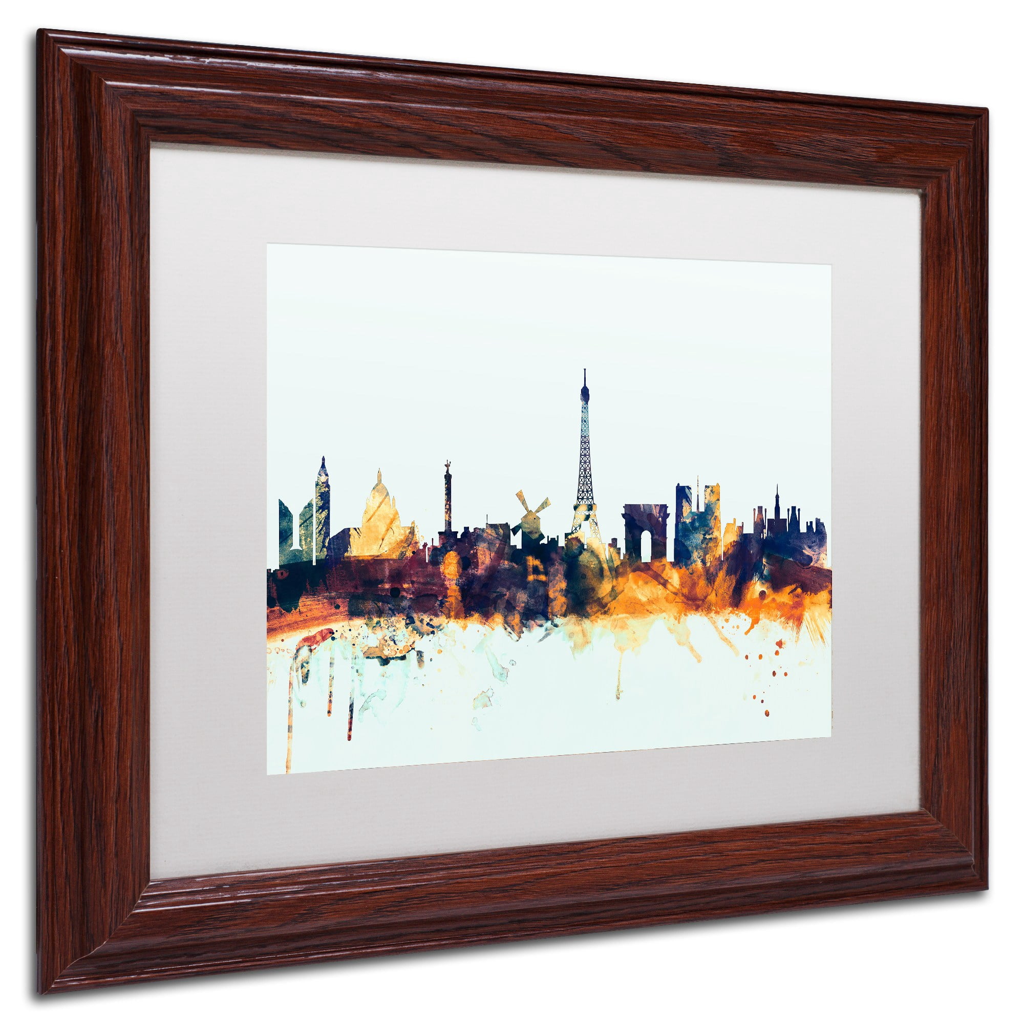 Trademark Fine Art "Paris France Skyline Blue" Canvas Art by Michael Tompsett, White Matte, Wood Frame