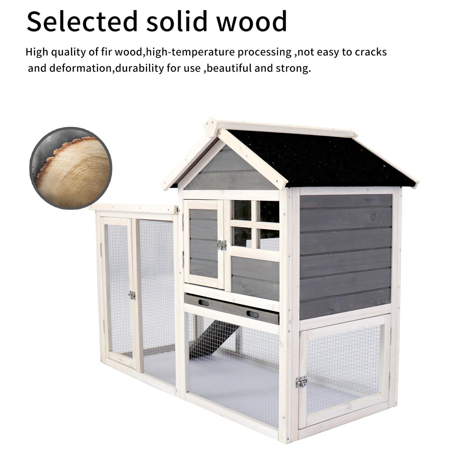 Pefilos 61" 2-Tier Rabbit Hutch Hen House for 2 Chicken Coop, Outdoor Bunny Cage for Backyard, Solid Wood Pet House, Gray Pefilos 61" 2-Tier Rabbit Hutch Hen House for 2 Chicken Coop, Outdoor Bunny Cage for Backyard, Solid Wood Pet House, Gray