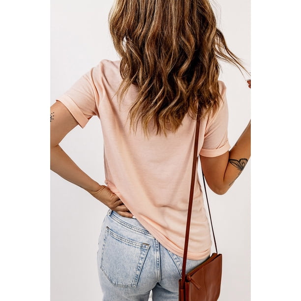 ABPHQTO Camiseta rosa con cuello redondo de color liso para mujer
