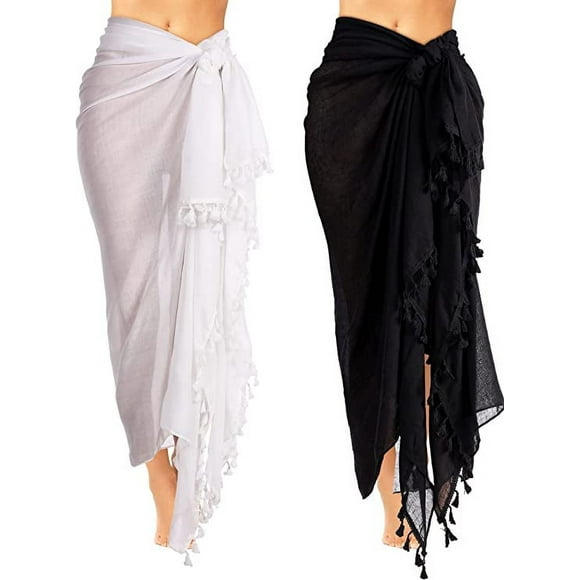 2 Pieces Women Beach Batik Long Sarong Swimsuit Cover up Wrap Pareo with Tassel