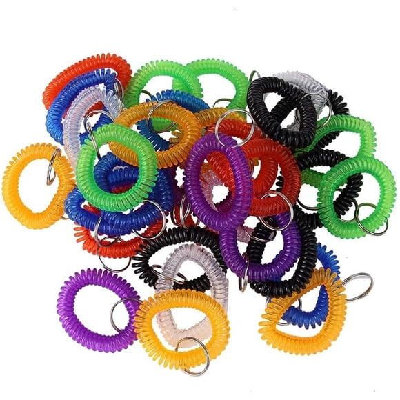 Pack of 35 Assorted Color Stretchable Plastic Bracelet Wrist Coil Wrist Band Key Ring Chain Holder Tag (35PCS-7 Mixed Color)