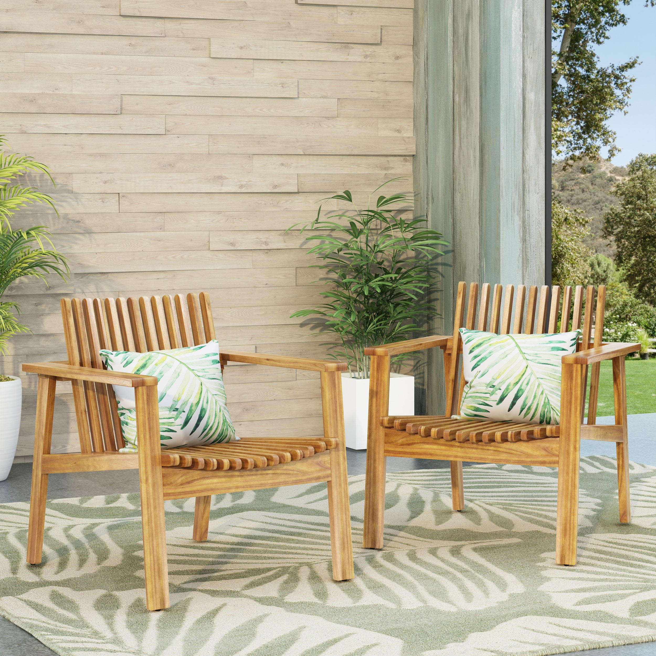 Outdoor Slatted Single Chair Set of 2, Acacia Wood Frame Leisure Seats for Patio Garden, Teak Finish