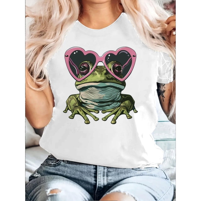Valentine's Day Frog and Heart Print T-Shirt, Round Neck Short Sleeve Casual Top for Women, ValentinCamisetas para mujer, lindas camisetas con estampado gráfico, de manga corta, estilo casual, para ve