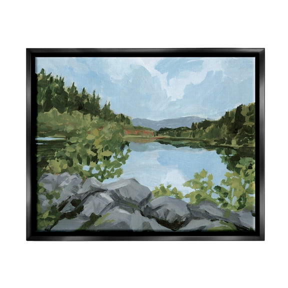 Stupell Woodland Lake Rocky Shore Landscape Painting Black Floater Framed Art Print Wall Art