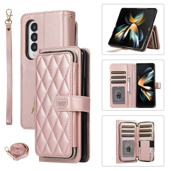 Crossbody Strap & Lanyard for Samsung Galaxy Z Fold 3 5G Case Wallet, with 10-Card Holder & 1 Bills Slot Soft PU Leather Magnetic Flip Folio Heavy Duty Protection Case for Galaxy Z Fold 3, Rosegold