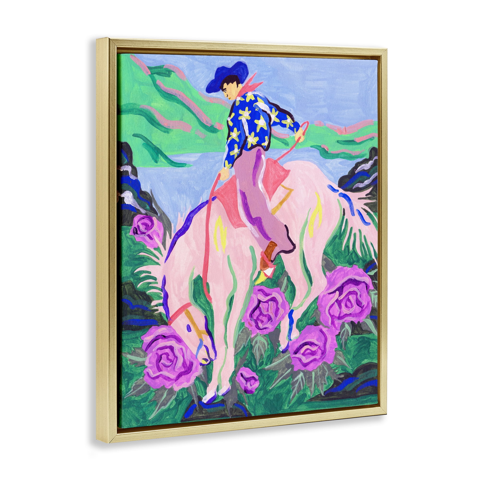 Stupell Industries Bright Cowboy & Blooms Animals Painting Gold Floater Framed Canvas Art Print Wall Art, 17 x 21
