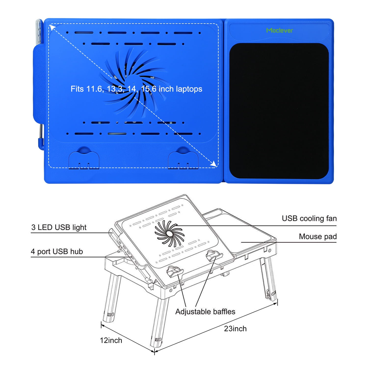 Moclever Foldable Laptop Table Notebook Desk Cooling Fan Mouse Board LED 4 x USB Ports Storage For Home Office Blue