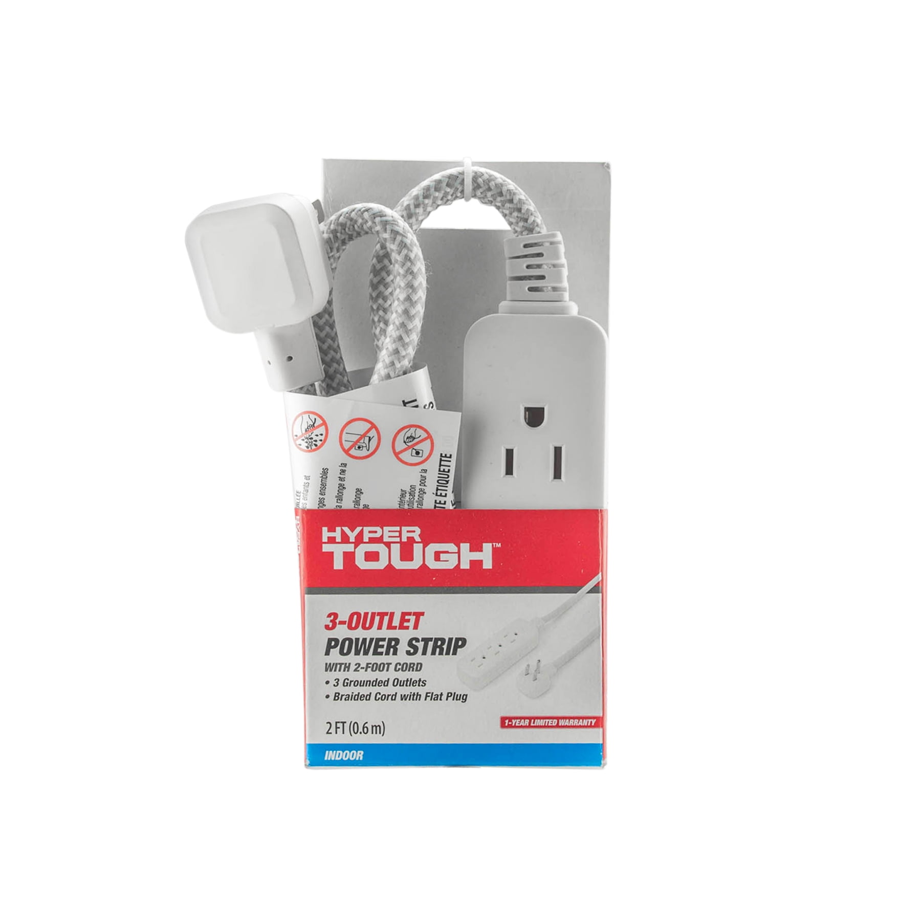 Hyper Tough 3 Outlet Braided Power Strip with 2 Ft. Cord Flat Plug, White