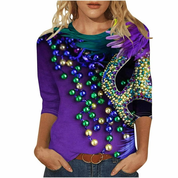 PFRNLF Mardi Gras Shirts,Women's Fashion Carnival Printed T-shirt 3/4 Sleeves Blouse Round Neck Casual Top