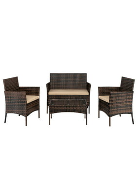 Zimtown 4-Piece Brown Patio Rattan Conversation Furniture Set with Beige Cushions