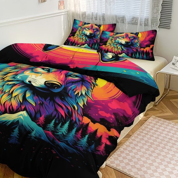 Psychedelic Wolves Animals Duvet Cover Set Themed Multicolor Polyester Bedding Set for Bedroom Decoration