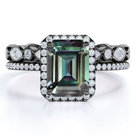 JeenMata Framed Halo 2 Carat Emerald Cut Synthetic Alexandrite and Moissanite Wedding Ring Set with Eternity Wedding Band - 18k Black Gold over Silver