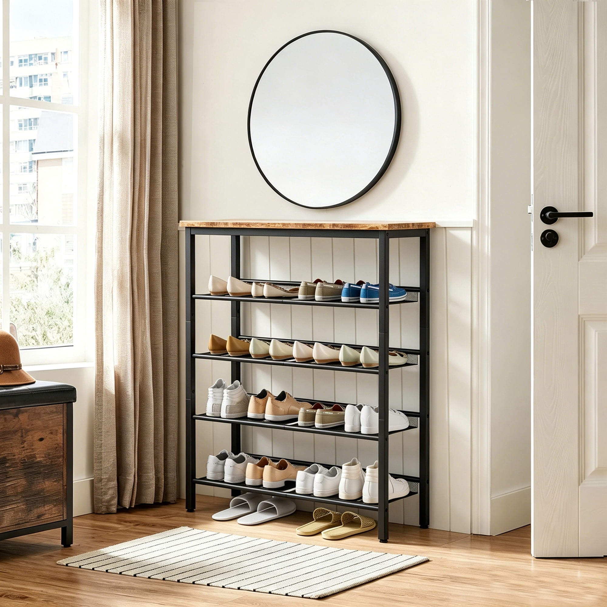 Leumius Adjustable 5-Tier Industrial Shoe Rack, Country Style Shoe Storage Organizer with 4 Mesh Shelves, Freestanding Shoe Rack for Entryway, Porch, Living Room and Bedroom