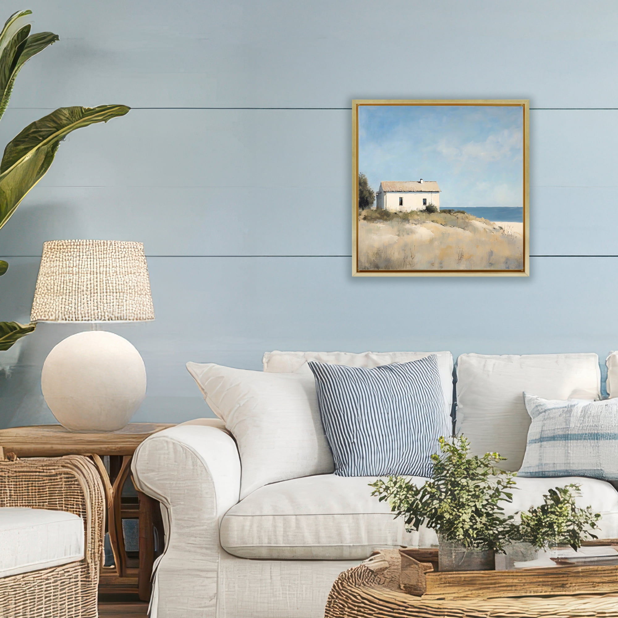 Stupell Industries Simple Beach House on Dunes Gold Framed Floater Canvas Wall Art, design by Creative Studio