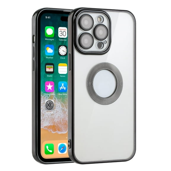 For Apple iPhone 15 Pro Max 6.7 inch Transparent Chrome Edge Camera Cover Magnetic Car Mount Holder Magsafe Wireless Charging Shockproof Hybrid Case Cover Black