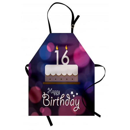 16th Birthday Apron Cake with Candle Anniversary of Birth Best Wishes Young Image, Unisex Kitchen Bib Apron with Adjustable Neck for Cooking Baking Gardening, Fuchsia and Dark Blue, by