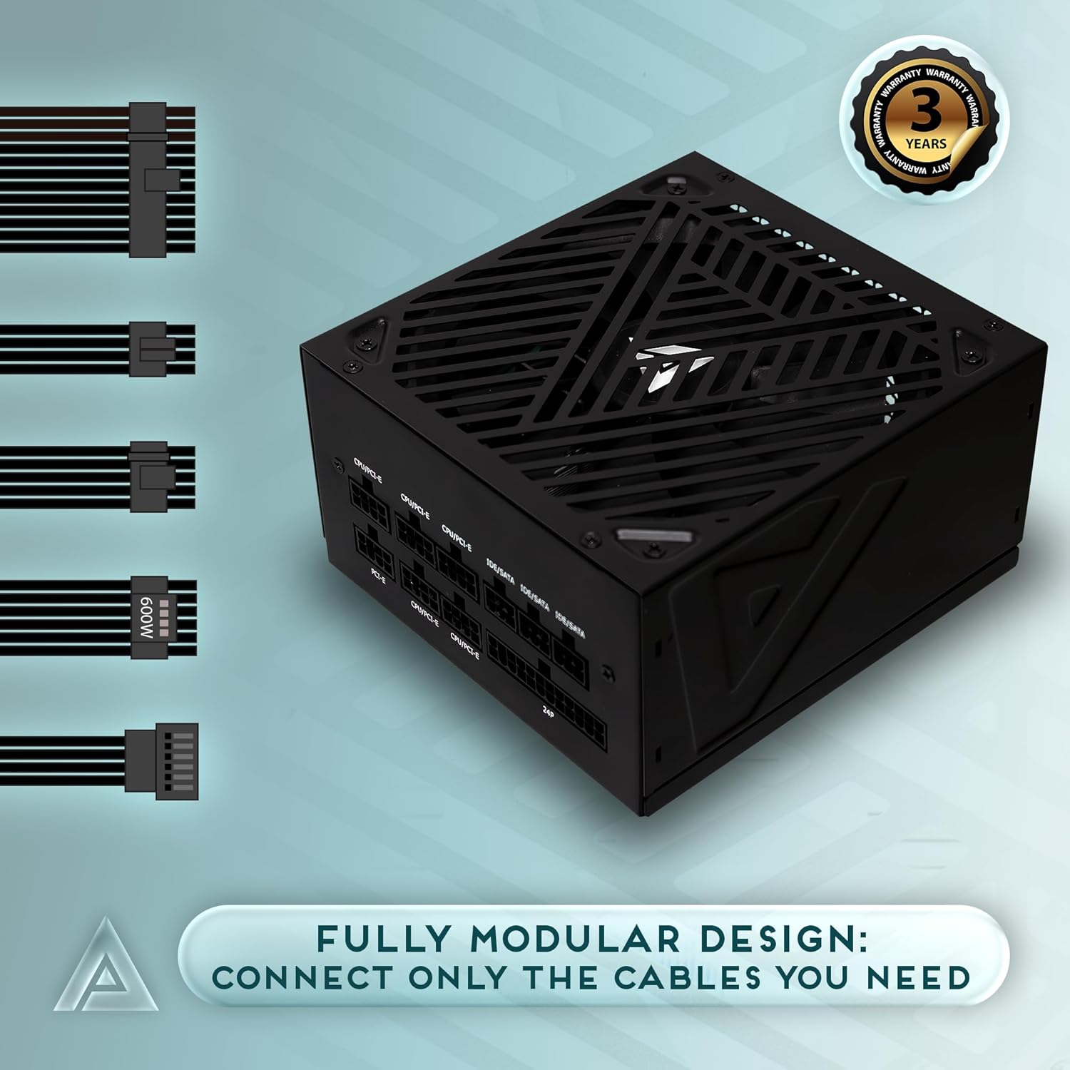 Apevia ATX-SL1200W Soul 1200W ATX 3.0 & 3.1 Compatible, Fully Modular, PCIe 5.1 12V-2x6 Connector ATX Active PFC, DC to DC Converter Design, 140mm Silent Fan, RoHS Compliance, Gaming Power Supply