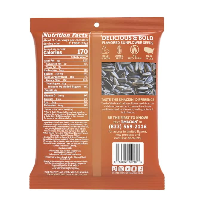 SMACKIN' Sunflower Seeds, Roasted Jumbo Small-Batch, American Made - Maple Brown Sugar. 4oz bags (12 Pack)