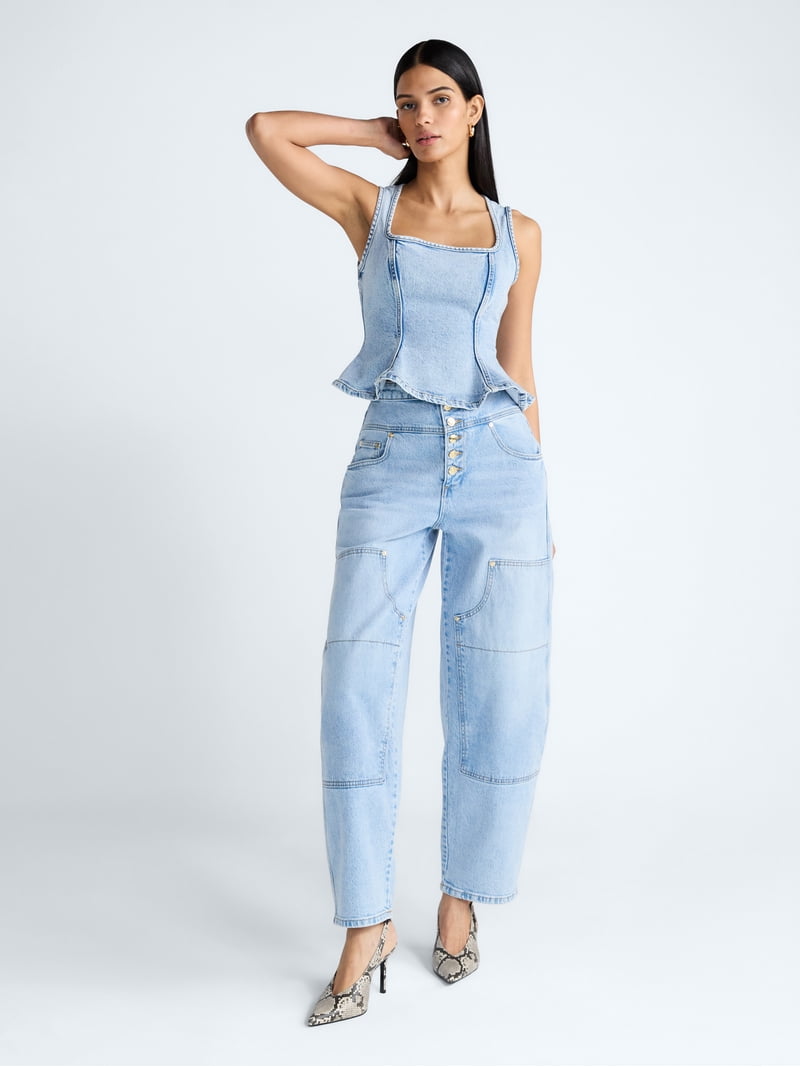 Devil Wears Prada Scoop Collection Women's Peplum Hem Denim Top