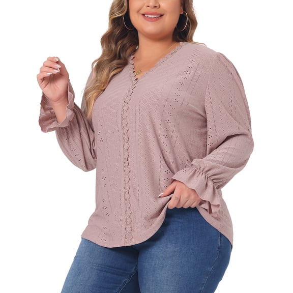 DARING DIVA Women's Plus V Neck Ruffle Long Sleeve Lace Crochet Casual Blouse 1X Pink