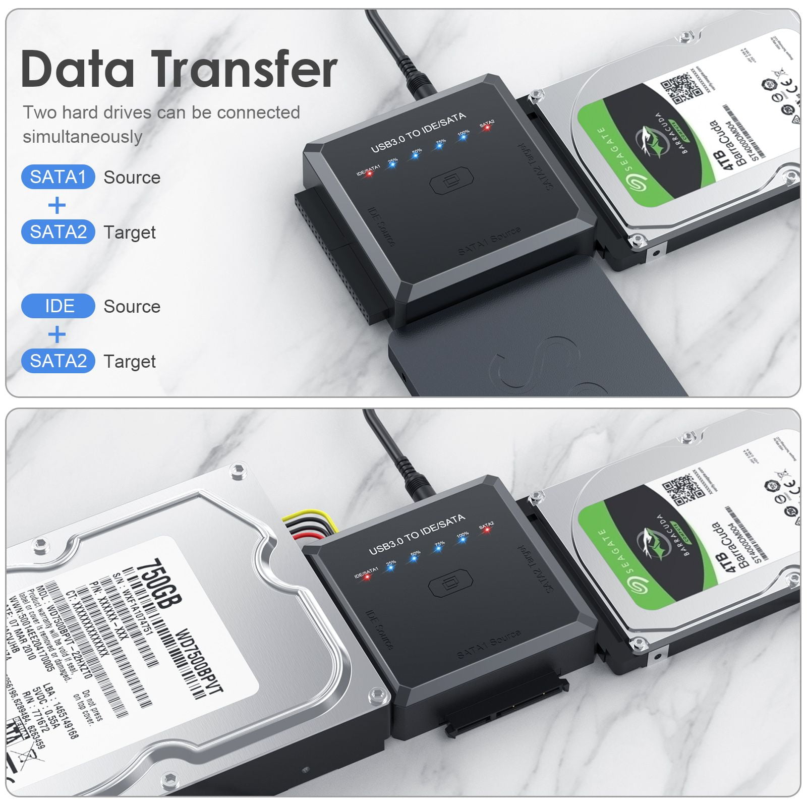 ENTSASMO Black SATA/IDE to USB 3.0 Adapter, Hard Drive Reader Adapter Ultra Recovery Converter for 2.5" 3.5" HDD/SSD, USB to SATA/IDE One Touch Clone with 12V Power Adapter